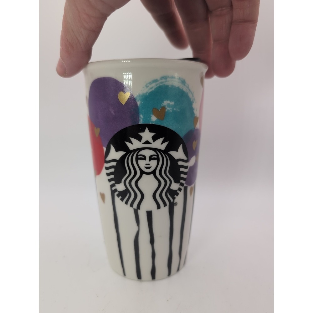Starbucks 2016 Valentine BALLOON HEARTS Travel Tumbler 12oz Mug DBL Wall Ceramic
